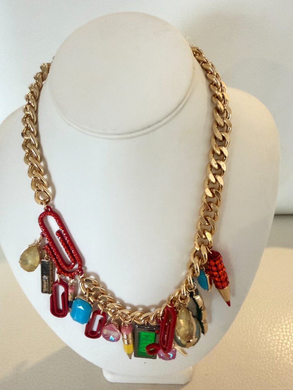 NWT Betsey Johnson Back To School Charm Statement Necklace Teacher Gold Tone - Picture 5 of 5
